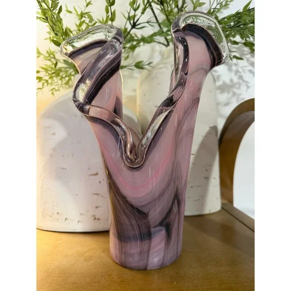 Large Murano Art Glass Vase Pink Swirl MCM Italian Blown Glass Home Decor